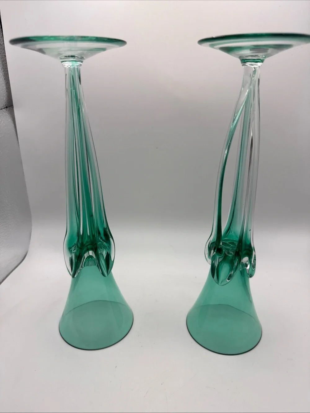 Vintage Set of 2 Green Jozefina Krosno Art Glass Taper Candleholders Hand-Blown